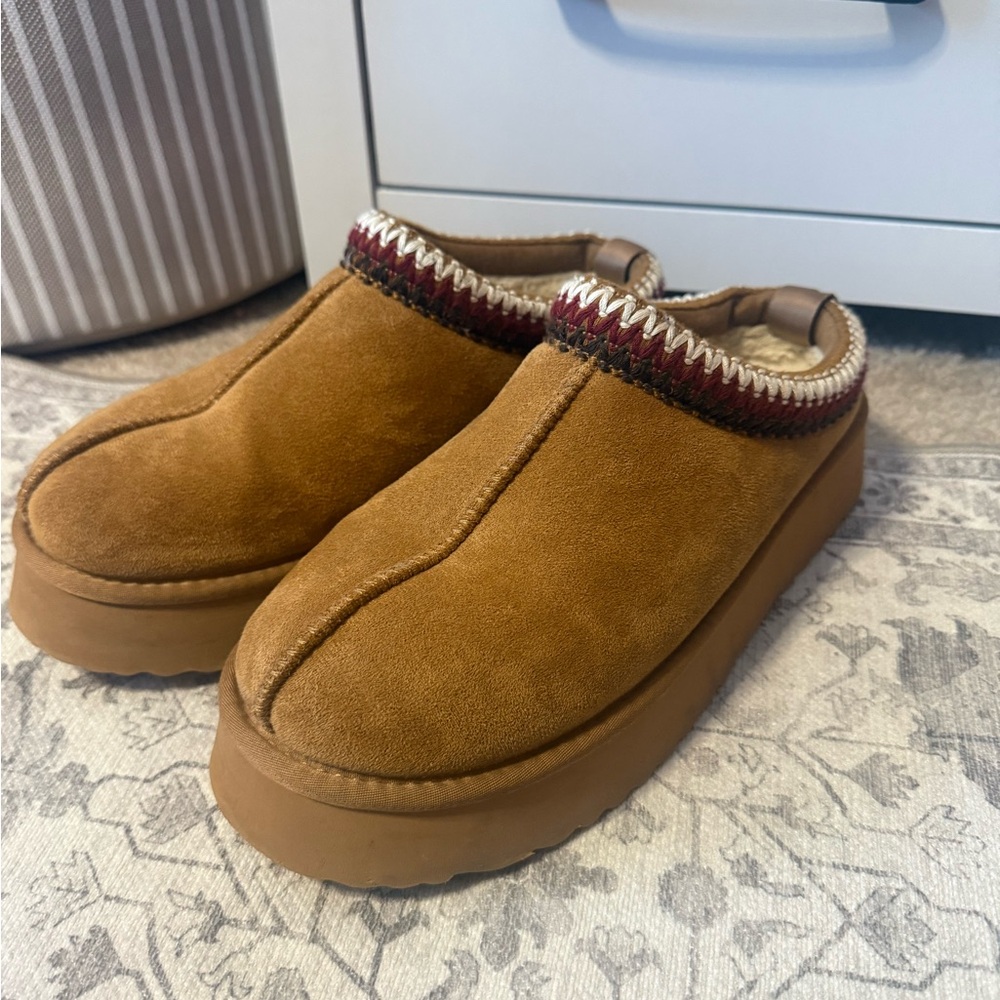 Chestnut Suede Platform Clogs with Trim